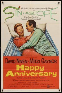 6y380 HAPPY ANNIVERSARY 1sh '59 great romantic art of David Niven & Mitzi Gaynor in bed!