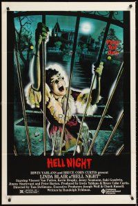 6y389 HELL NIGHT 1sh '81 artwork of Linda Blair trying to escape haunted house by Jarvis!