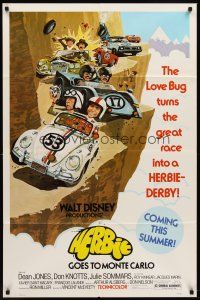 6y390 HERBIE GOES TO MONTE CARLO advance 1sh '77 Disney, wacky art of Volkswagen Beetle car racing!
