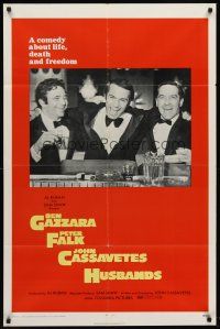 6y414 HUSBANDS 1sh '70 close up of Ben Gazzara, Peter Falk & John Cassavetes in tuxes at bar!