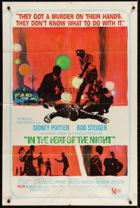 6y426 IN THE HEAT OF THE NIGHT 1sh '67 Sidney Poitier, Rod Steiger, Warren Oates, cool crime art!