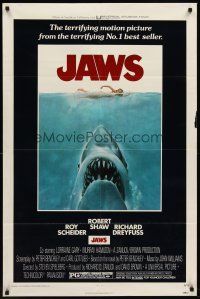 6y452 JAWS 1sh '75 art of Steven Spielberg's classic man-eating shark attacking sexy swimmer!