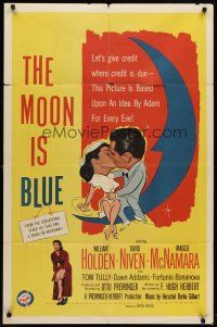 6y582 MOON IS BLUE 1sh '53 William Holden, Maggie McNamara is a virgin, directed by Otto Preminger!
