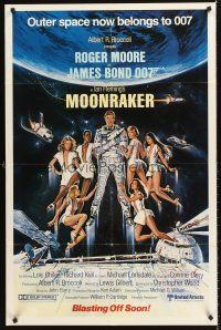 6y584 MOONRAKER int'l advance 1sh '79 art of Roger Moore as James Bond & sexy babes by Gouzee!