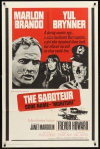 6y586 MORITURI 1sh '65 image of Marlon Brando & Nazi captain Yul Brynner, The Saboteur!