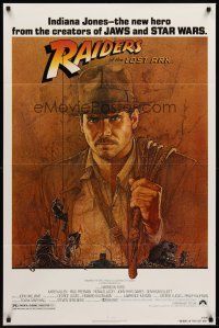 6y708 RAIDERS OF THE LOST ARK 1sh '81 great art of adventurer Harrison Ford by Richard Amsel!