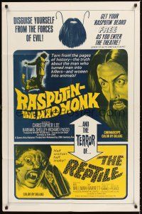 6y717 RASPUTIN THE MAD MONK/REPTILE 1sh '66 wacky Hammer double-bill, free Rasputin beards!
