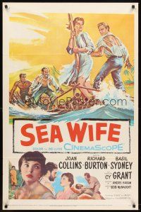 6y762 SEA WIFE 1sh '57 great castaway artwork of sexy Joan Collins & Richard Burton on raft at sea!