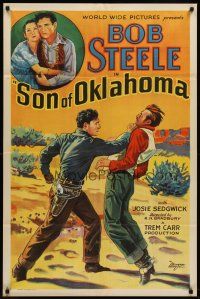 6y813 SON OF OKLAHOMA 1sh '32 great stone litho art of Bob Steele punching out bad guy!