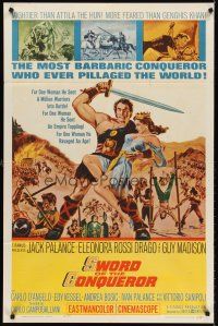 6y866 SWORD OF THE CONQUEROR 1sh '62 great image of Jack Palance as barbarian w/girl!