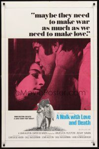 6y959 WALK WITH LOVE & DEATH int'l 1sh '69 John Huston, Anjelica Huston romantic close up!