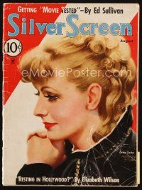 7a122 SILVER SCREEN magazine August 1935 profile artwork portrait of Greta Garbo by Marland Stone!