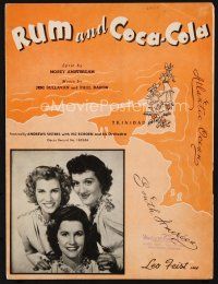 7a364 RUM & COCA-COLA sheet music '44 portrait of the Andrews Sisters + cool artwork, title song!
