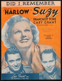 7a375 SUZY sheet music '36 Jean Harlow, Cary Grant & Franchot Tone, Did I Remember!
