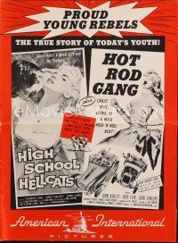 7a438 HIGH SCHOOL HELLCATS/HOT ROD GANG pressbook '58 proud young rebels, great bad girl art!