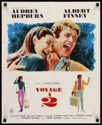 7b795 TWO FOR THE ROAD French 15x21 '67 art of laughing Audrey Hepburn & Albert Finney by Grinsson