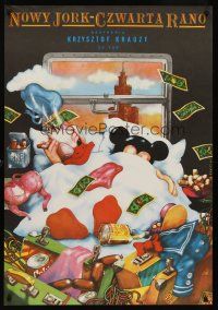 7b147 NEW YORK, 4 A.M. Polish 27x38 '88 Oblucki art of Donald Duck & unidentified mouse in bed!