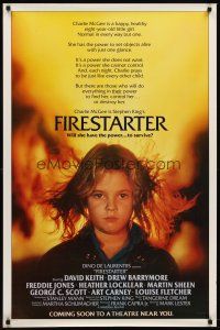 7c204 FIRESTARTER advance 1sh '84 close up of creepy eight year-old Drew Barrymore, sci-fi!