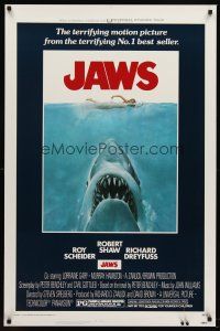 7c318 JAWS 1sh '75 art of Steven Spielberg's classic man-eating shark attacking sexy swimmer!