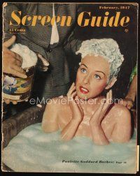7d140 SCREEN GUIDE magazine February 1947 c/u of naked Paulette Goddard bathing by Bud Fraker!