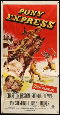7e624 PONY EXPRESS 3sh '53 great art of Charlton Heston as Buffalo Bill on horseback!