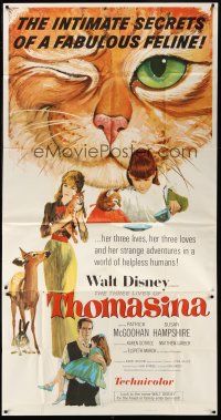 7e685 THREE LIVES OF THOMASINA 3sh '64 Walt Disney, great art of winking & smiling cat!