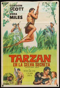 7e260 TARZAN'S HIDDEN JUNGLE Argentinean '55 artwork of Gordon Scott as Tarzan swinging on vine!