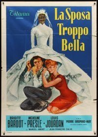 7e293 BRIDE IS MUCH TOO BEAUTIFUL Italian 1p '58 different art of Brigitte Bardot & Louis Jourdan!
