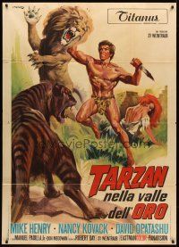 7e450 TARZAN & THE VALLEY OF GOLD Italian 1p '66 different art of Henry battling lion & tiger!