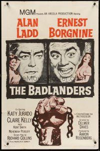 7g078 BADLANDERS 1sh R60s cool art of Alan Ladd, Ernest Borgnine and shackled fist holding chain!