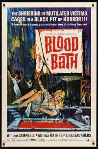 7g107 BLOOD BATH 1sh '66 AIP, cool artwork of sexy babe being lowered into a pit of horror!