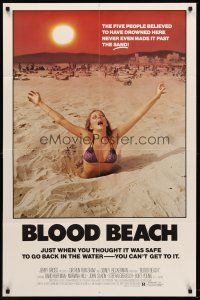 7g108 BLOOD BEACH 1sh '81 classic Jaws parody image of sexy girl in bikini sinking in quicksand!