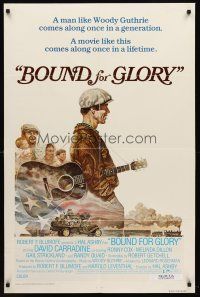 7g118 BOUND FOR GLORY style A int'l 1sh '76 Carradine as folk singer Woody Guthrie, Tom Jung art!