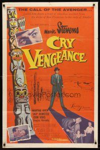 7g180 CRY VENGEANCE 1sh '55 Mark Stevens, film noir, Alaska adventure, cool totem pole art!