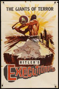 7g245 EXECUTIONERS 1sh '59 WWII death camps, Nuremberg trials, cool really odd artwork!