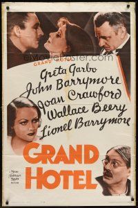 7g315 GRAND HOTEL 1sh R62 Greta Garbo, John & Lionel Barrymore, Joan Crawford, Wallace Beery