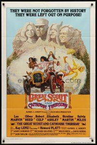 7g321 GREAT SCOUT & CATHOUSE THURSDAY 1sh '76 wacky art of Lee Marvin & cast in Mount Rushmore!