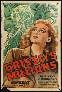 7g328 GRISSLY'S MILLIONS 1sh '45 art of Paul Kelly looming over Virginia Grey & lots of money!