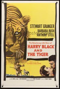 7g345 HARRY BLACK & THE TIGER 1sh '58 cool art of tiger, hunter Stewart Granger with gun!