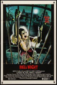 7g354 HELL NIGHT 1sh '81 artwork of Linda Blair trying to escape haunted house by Jarvis!
