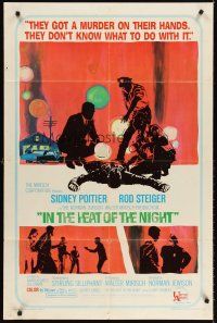 7g388 IN THE HEAT OF THE NIGHT 1sh '67 Sidney Poitier, Rod Steiger, Warren Oates, cool crime art!