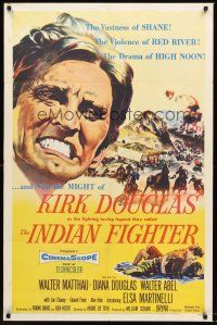 7g390 INDIAN FIGHTER 1sh '55 super close up art of Kirk Douglas, romancing Elsa Martinelli!
