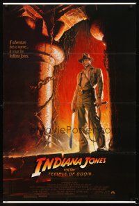 7g392 INDIANA JONES & THE TEMPLE OF DOOM 1sh '84 full-length art of Harrison Ford by Bruce Wolfe!
