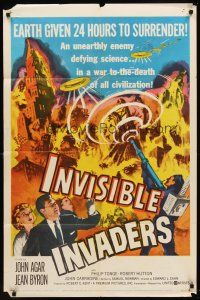 7g403 INVISIBLE INVADERS 1sh '59 cool artwork of alien who gives Earth 24 hours to surrender!