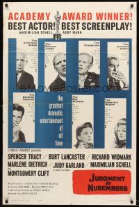 7g421 JUDGMENT AT NUREMBERG 1sh R62 Spencer Tracy, Judy Garland, Burt Lancaster, Dietrich!