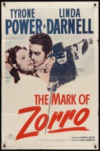 7g497 MARK OF ZORRO 1sh R58 masked hero Tyrone Power in costume & with young Linda Darnell!