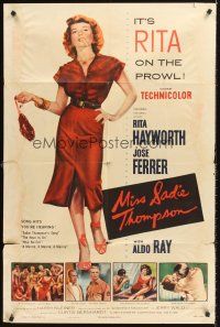 7g522 MISS SADIE THOMPSON 1sh '53 sexy smoking Rita Hayworth swinging purse & turning it on!