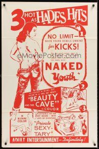 7g553 NAKED YOUTH/BEAUTY & THE CAVE/PRIVATE SEXY-TARY 1sh '60s triple bill, 3 hot as Hades hits!