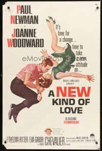 7g565 NEW KIND OF LOVE 1sh '63 Paul Newman loves Joanne Woodward, great romantic image!