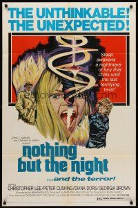 7g580 NOTHING BUT THE NIGHT 1sh '74 Christopher Lee, really wild artwork of girl's split head!